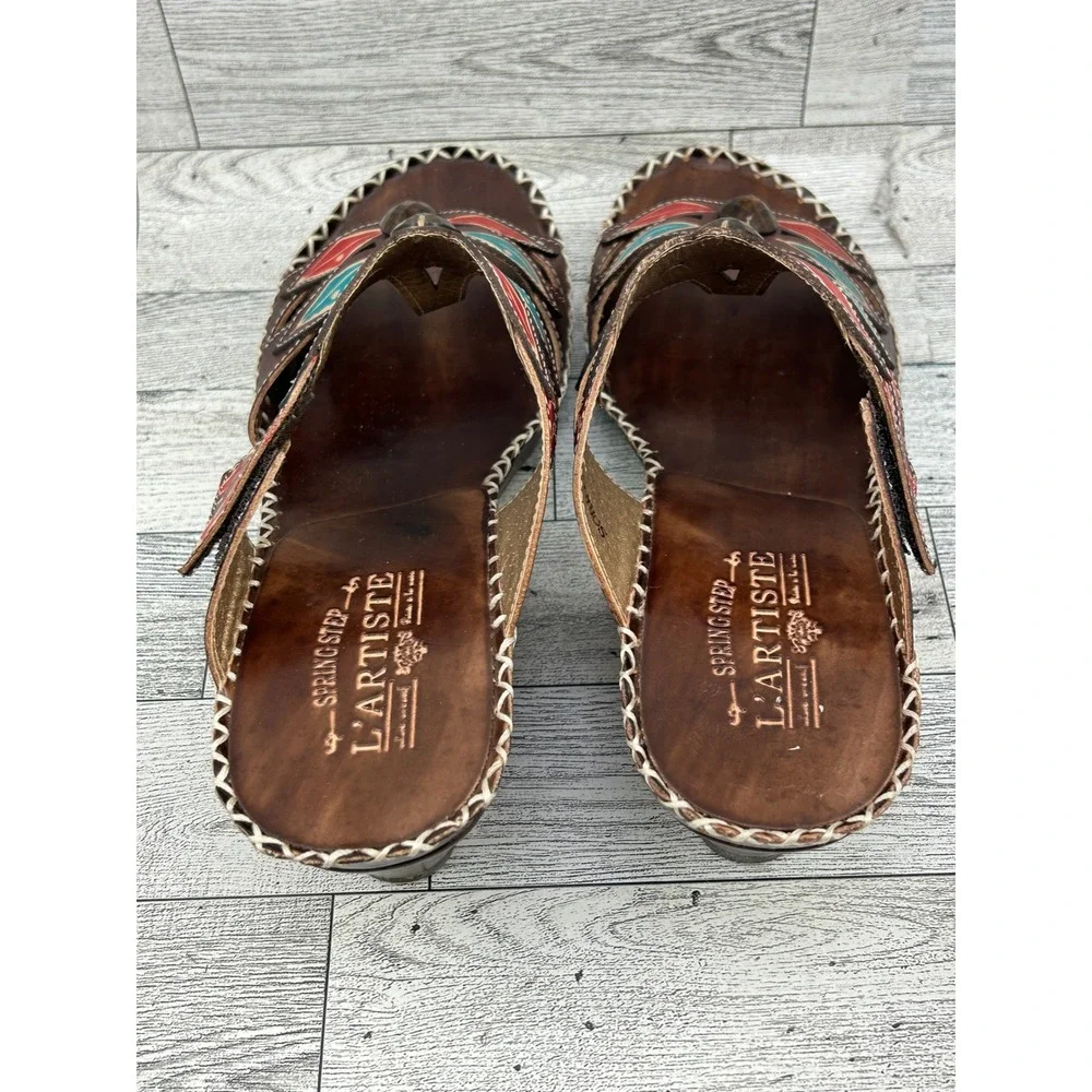 L Artiste Spring Step Sorriso‎ Brown Leather Wedge Sandals Hand Painted Women 39